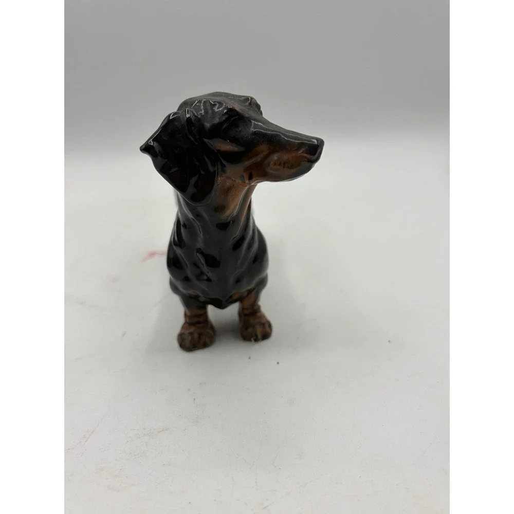 Vintage Dachshund Dog Figurine Black & Tan Ceramic Wiener Dog Statue 7
